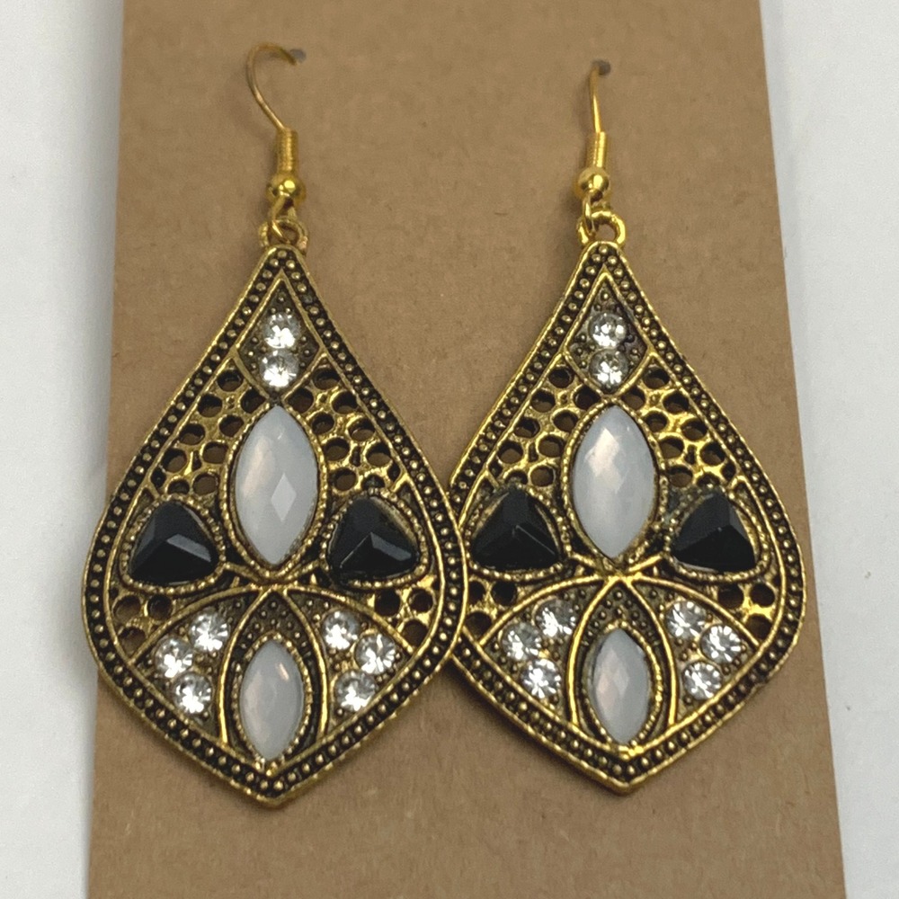 Gold Tone Filigree Dangle Earrings Black White Rhinestone Accents BOHO Statement